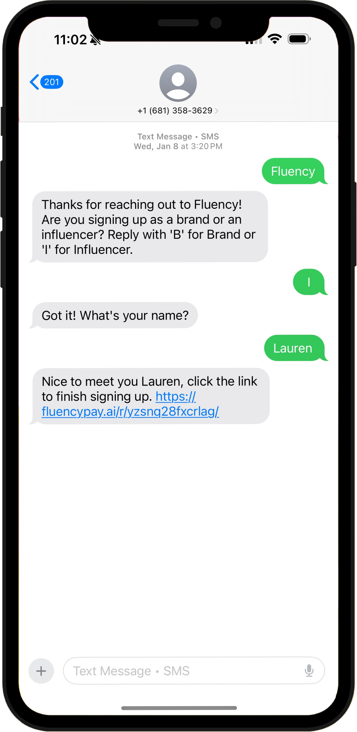 Smartphone showing influencer text messages to sign up for Fluency